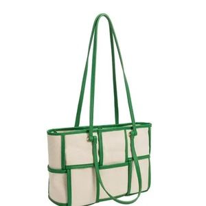 Canvas/Green Vegan Leather Tote